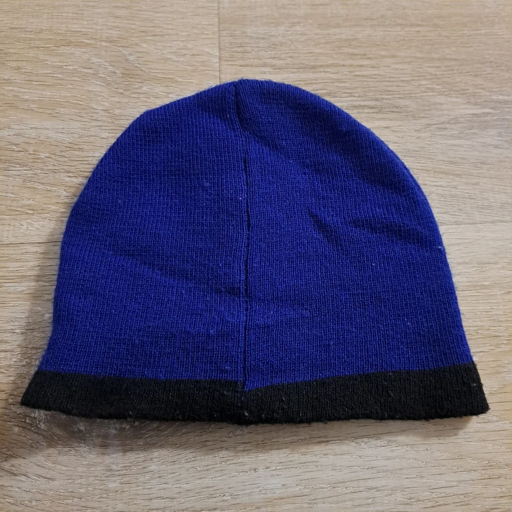 Toddler's Yellow Black Smiley Face on Blue Black Trim Beanie One Size